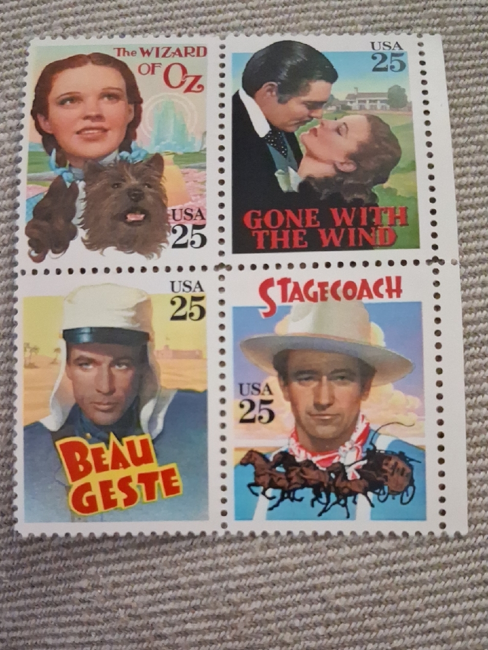Genuine U.S. commemorative postage stamps from the 1990 “Classic Films” issue
